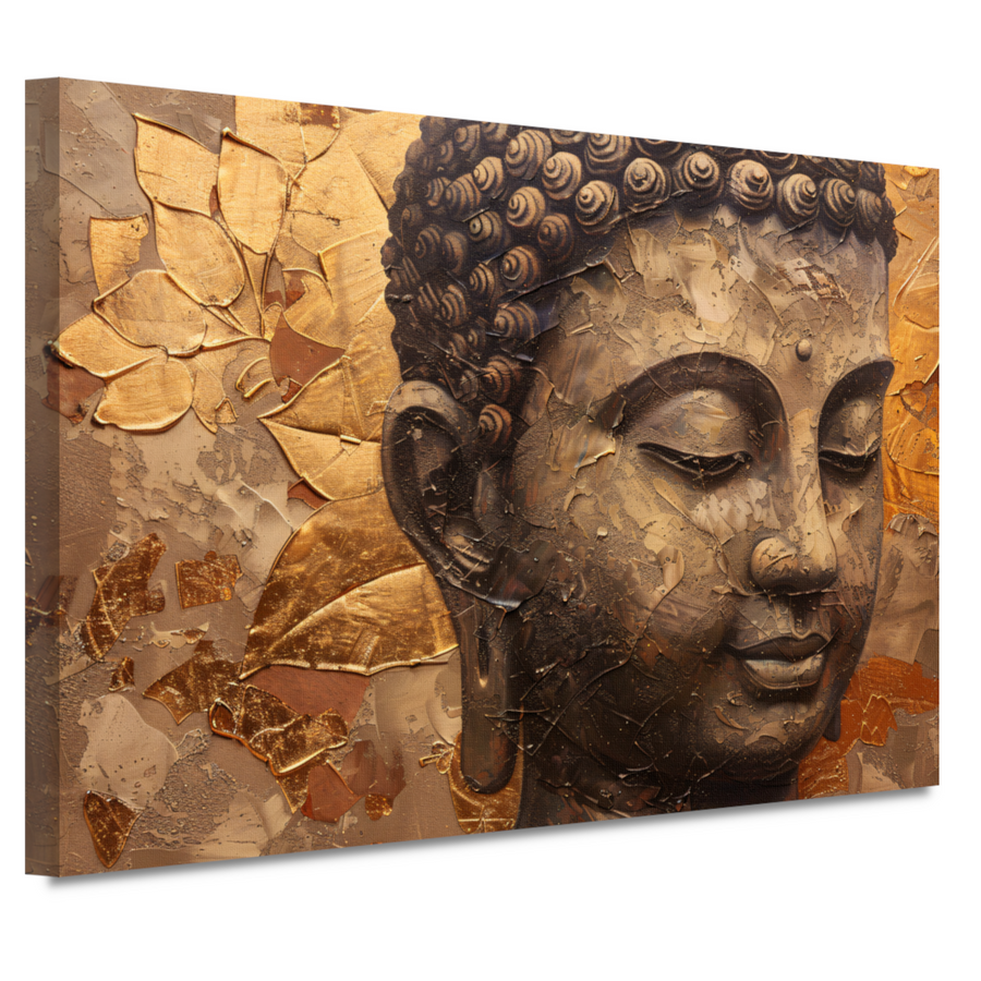 Abstracte Boeddha met serene blik en gouden bladeren canvas