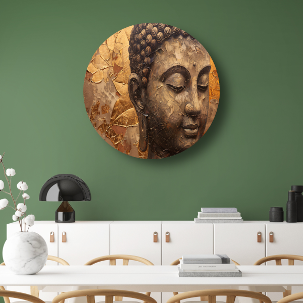 Abstracte Boeddha met serene blik en gouden bladeren forex muurcirkel