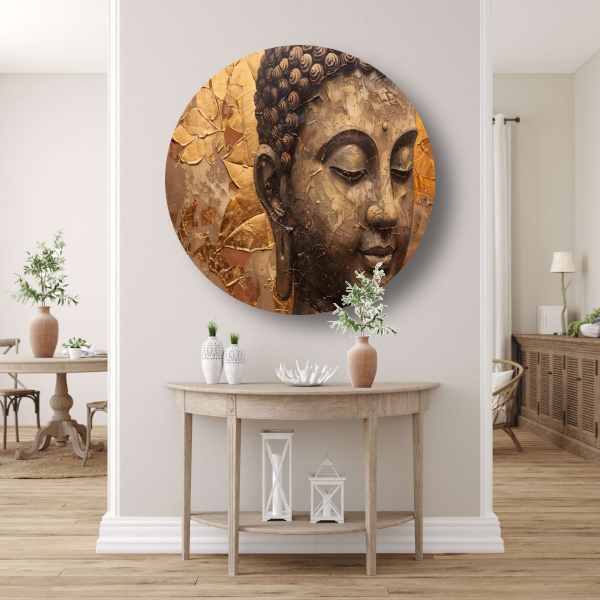 Abstracte Boeddha met serene blik en gouden bladeren forex muurcirkel