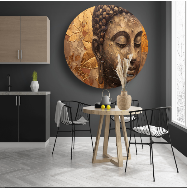 Abstracte Boeddha met serene blik en gouden bladeren forex muurcirkel