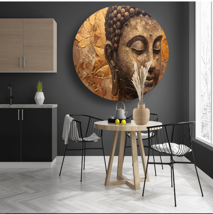 Abstracte Boeddha met serene blik en gouden bladeren forex muurcirkel