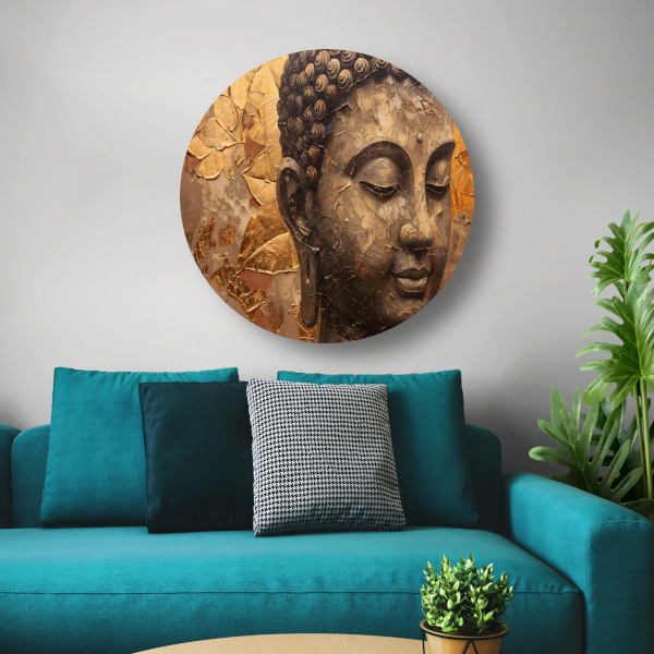 Abstracte Boeddha met serene blik en gouden bladeren forex muurcirkel