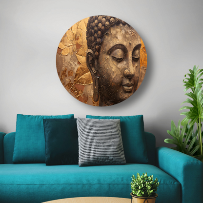 Abstracte Boeddha met serene blik en gouden bladeren forex muurcirkel