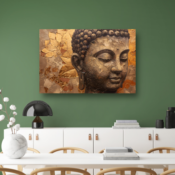 Abstracte Boeddha met serene blik en gouden bladeren poster