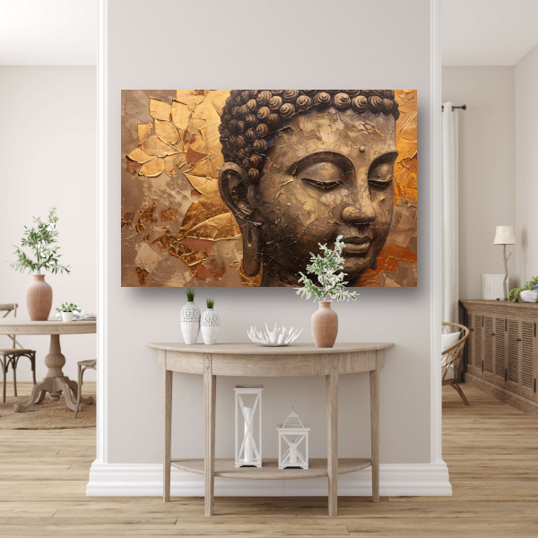 Abstracte Boeddha met serene blik en gouden bladeren poster