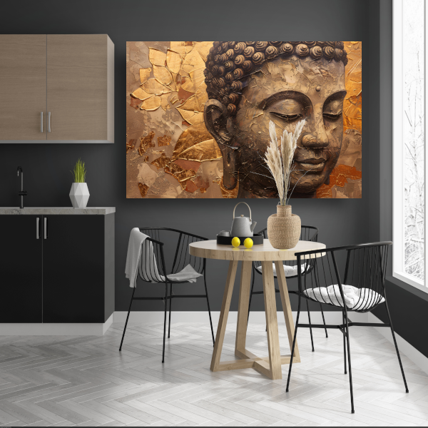 Abstracte Boeddha met serene blik en gouden bladeren poster