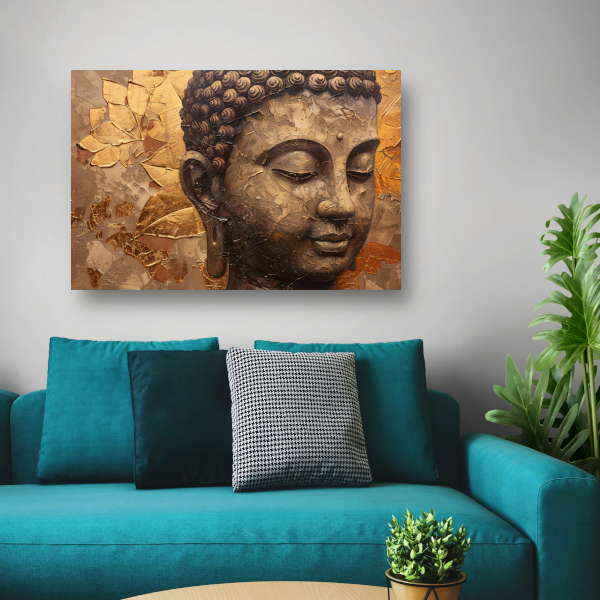 Abstracte Boeddha met serene blik en gouden bladeren poster