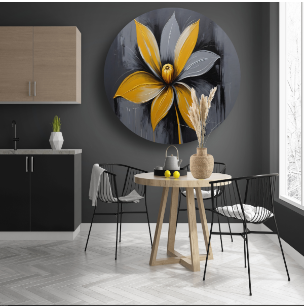 Abstracte Gouden Bloesem op Grijs aluminium muurcirkel