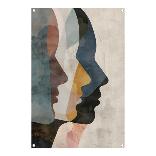 Abstracte Gezichten in Blauw, Beige en Geel tuinposter