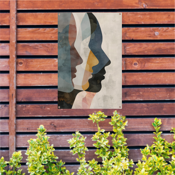 Abstracte Gezichten in Blauw, Beige en Geel tuinposter