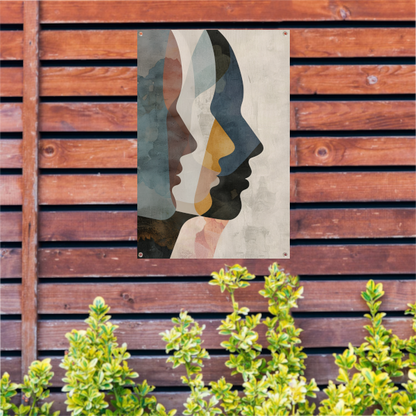 Abstracte Gezichten in Blauw, Beige en Geel tuinposter
