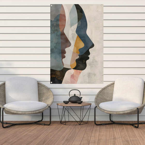 Abstracte Gezichten in Blauw, Beige en Geel tuinposter