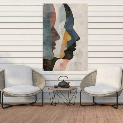 Abstracte Gezichten in Blauw, Beige en Geel tuinposter