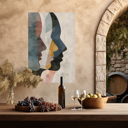 Abstracte Gezichten in Blauw, Beige en Geel tuinposter