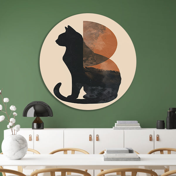 Minimalistische Kat en Maan in Aardetinten aluminium muurcirkel