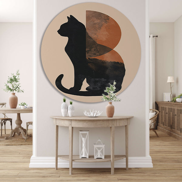 Minimalistische Kat en Maan in Aardetinten aluminium muurcirkel