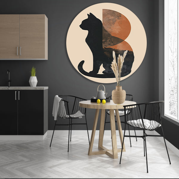 Minimalistische Kat en Maan in Aardetinten aluminium muurcirkel