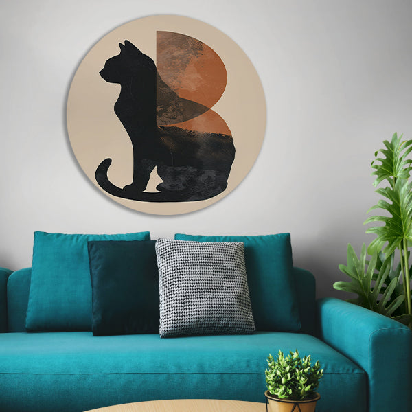 Minimalistische Kat en Maan in Aardetinten aluminium muurcirkel