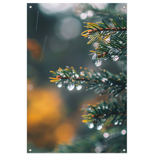 Regendruppels op Dennennaalden in Zachte Focus tuinposter