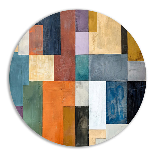 Kleurrijke abstracte vlakken met lijnen aluminium muurcirkel