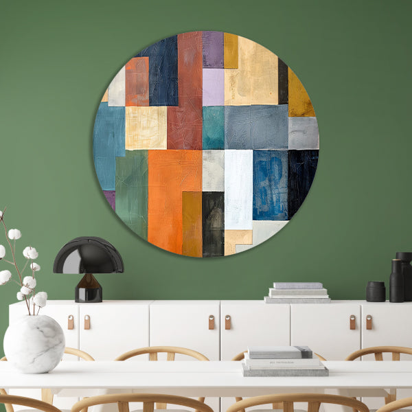 Kleurrijke abstracte vlakken met lijnen aluminium muurcirkel
