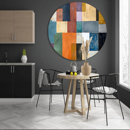 Kleurrijke abstracte vlakken met lijnen aluminium muurcirkel