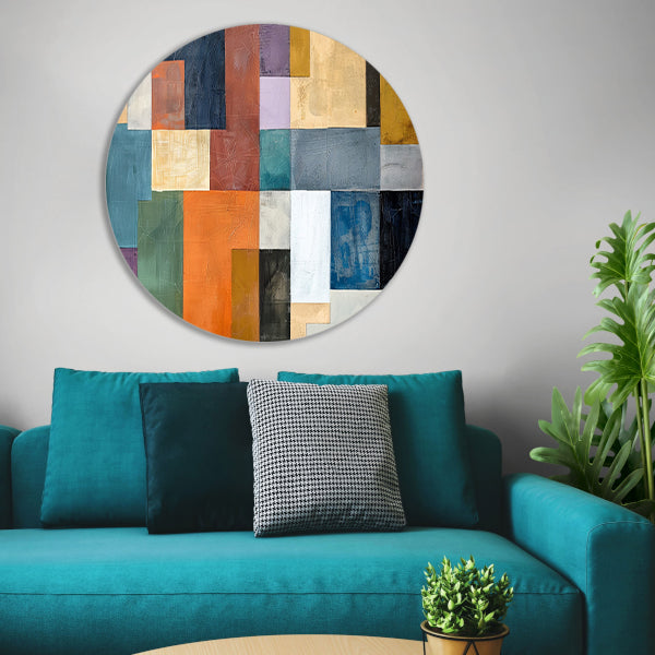 Kleurrijke abstracte vlakken met lijnen aluminium muurcirkel