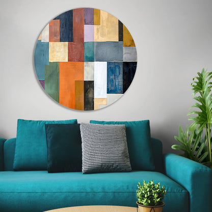 Kleurrijke abstracte vlakken met lijnen aluminium muurcirkel
