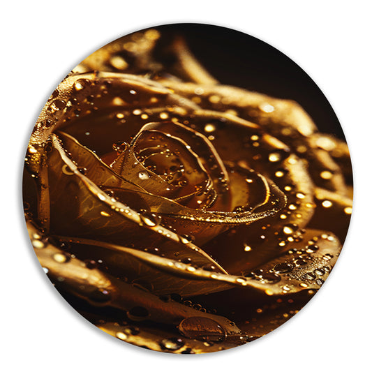 Gouden roos met glinsterende dauwdruppels close-up aluminium muurcirkel