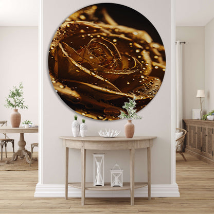 Gouden roos met glinsterende dauwdruppels close-up aluminium muurcirkel