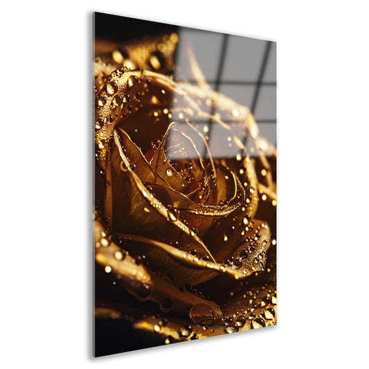 Gouden roos met glinsterende dauwdruppels close-up acrylglas