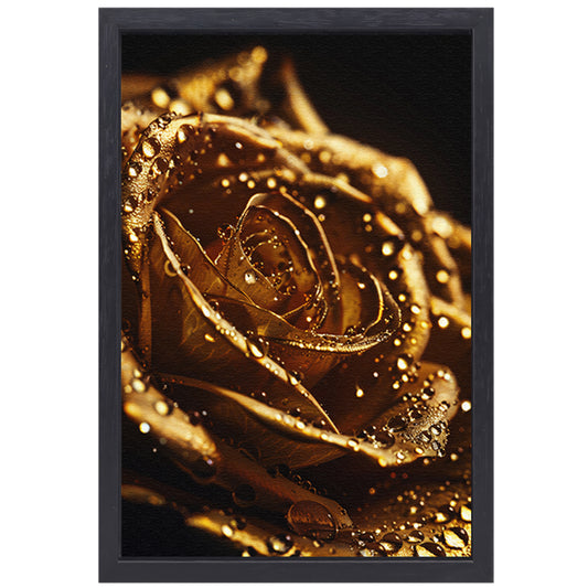 Gouden roos met glinsterende dauwdruppels close-up canvas met baklijst