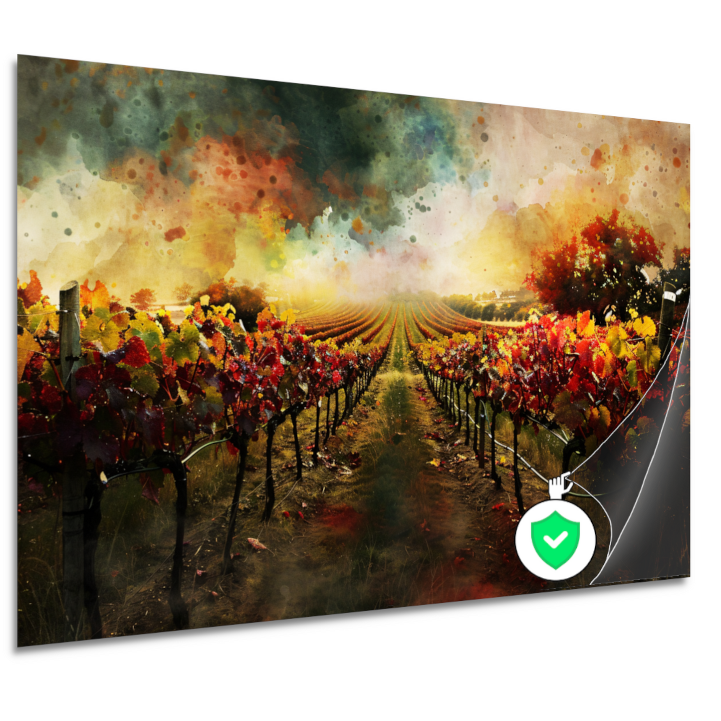 Herfstzonsondergang in levendige wijngaard poster