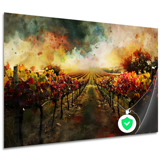 Herfstzonsondergang in levendige wijngaard poster