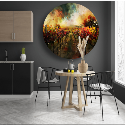 Herfstzonsondergang in levendige wijngaard aluminium muurcirkel