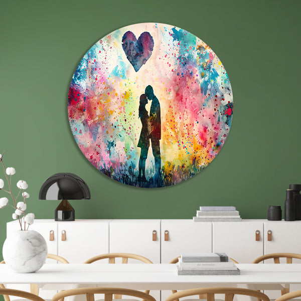 Liefde omhuld in abstracte kleuren aluminium muurcirkel