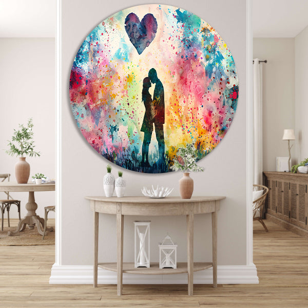 Liefde omhuld in abstracte kleuren aluminium muurcirkel