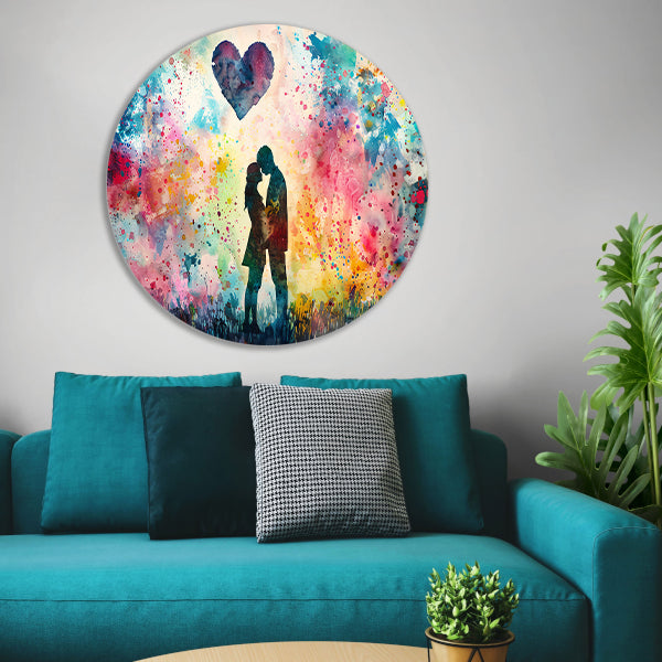 Liefde omhuld in abstracte kleuren aluminium muurcirkel