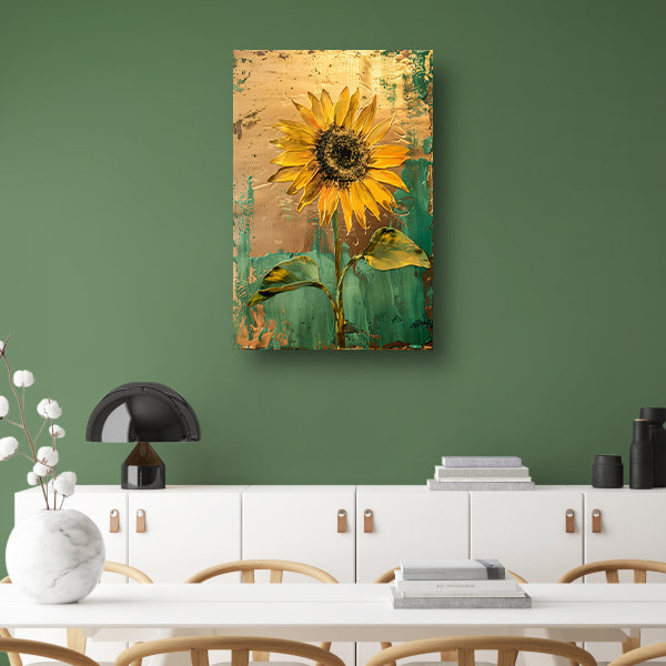 Prachtige zonnebloem in gouden en groene tinten poster