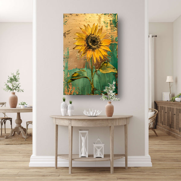 Prachtige zonnebloem in gouden en groene tinten poster