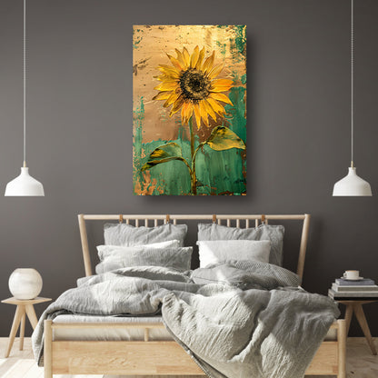 Prachtige zonnebloem in gouden en groene tinten canvas met baklijst