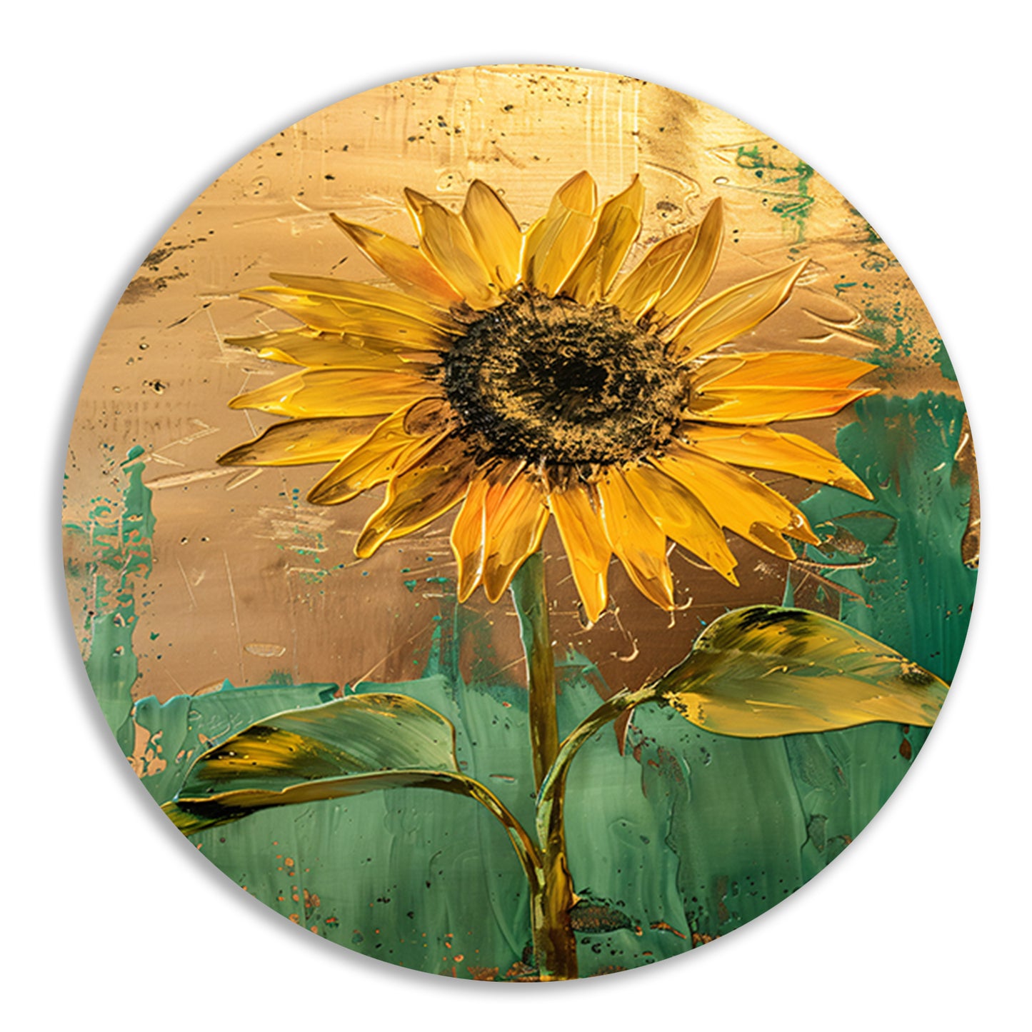 Prachtige zonnebloem in gouden en groene tinten aluminium muurcirkel