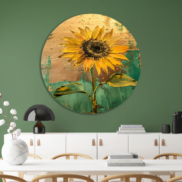 Prachtige zonnebloem in gouden en groene tinten aluminium muurcirkel