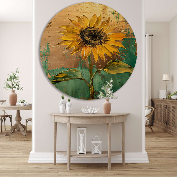 Prachtige zonnebloem in gouden en groene tinten aluminium muurcirkel