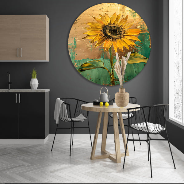Prachtige zonnebloem in gouden en groene tinten aluminium muurcirkel