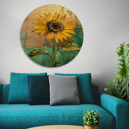 Prachtige zonnebloem in gouden en groene tinten aluminium muurcirkel