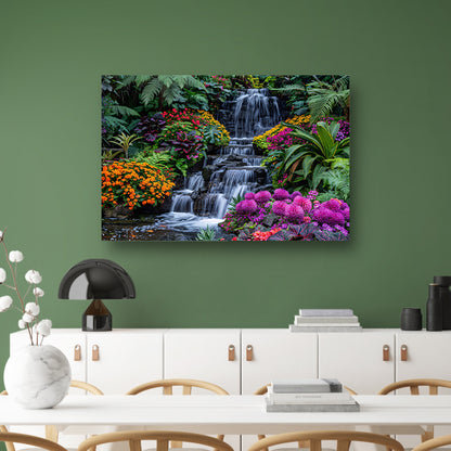 Weelderige waterval omgeven door kleurrijke bloemenpracht canvas