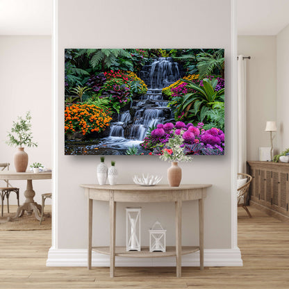 Weelderige waterval omgeven door kleurrijke bloemenpracht canvas