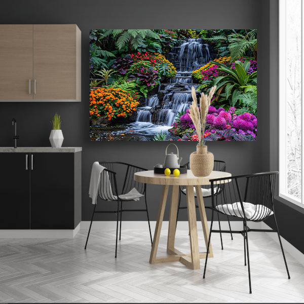 Weelderige waterval omgeven door kleurrijke bloemenpracht canvas