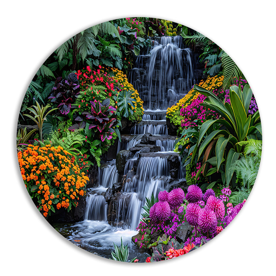 Weelderige waterval omgeven door kleurrijke bloemenpracht aluminium muurcirkel